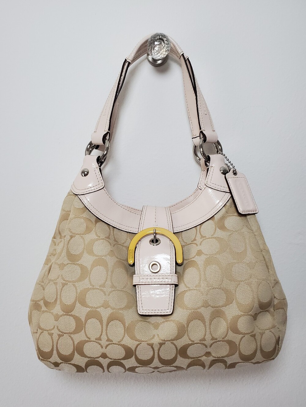 Coach Soho Buckle Hobo Handbag F17094 Pink Trim Monogram Shoulder Bag